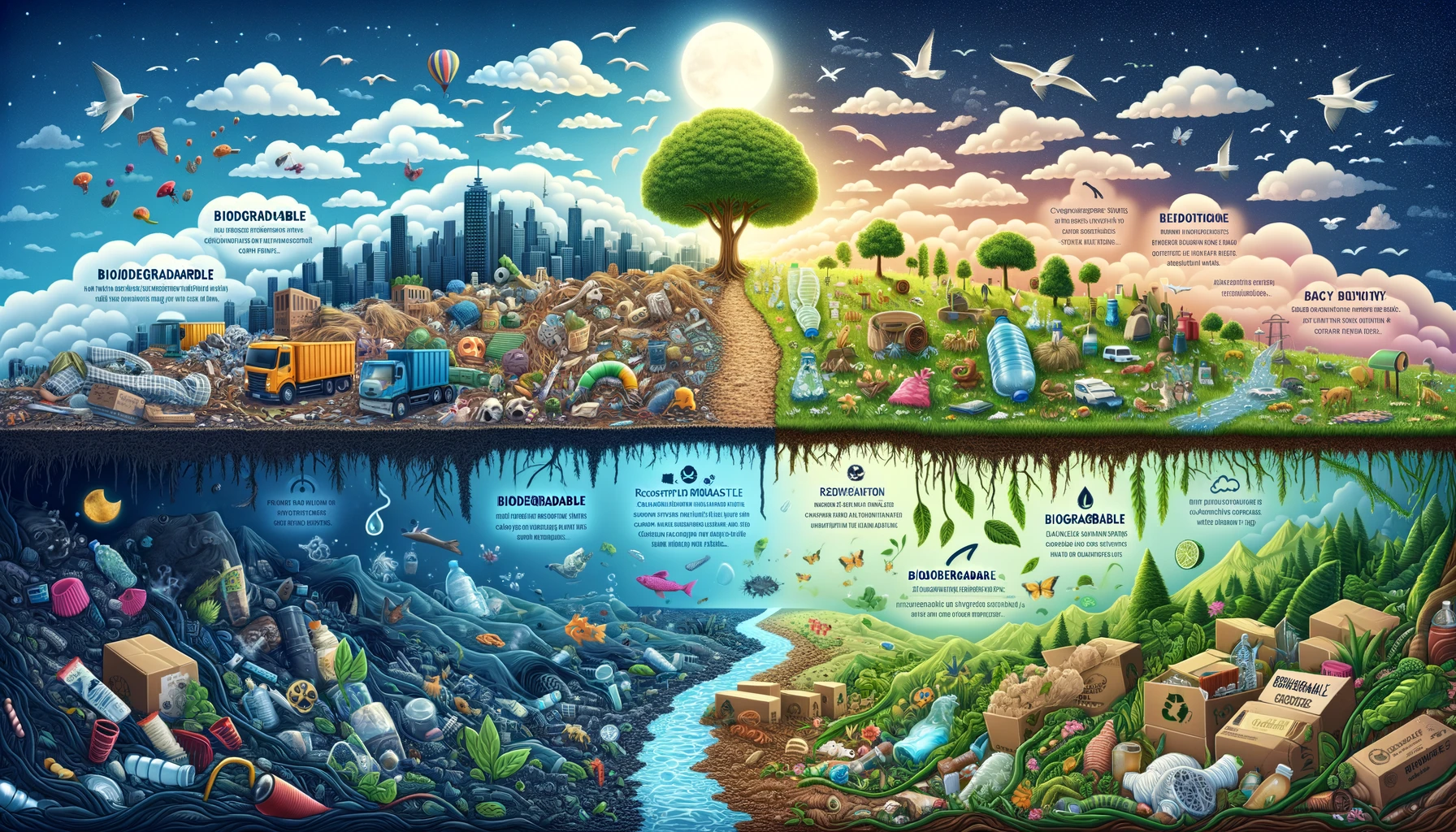 A vibrant and compelling 16_9 infographic that showcases a biodegradable environment, emphasizing the positive impact of using biod