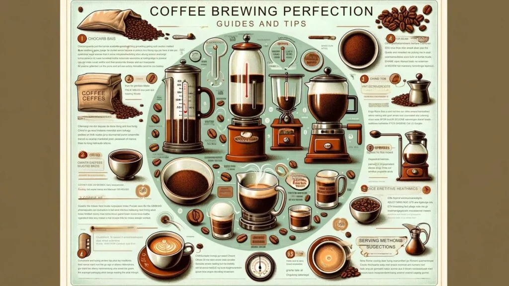  "Coffee Brewing Perfection: Guides and Tips", designed to help you master the art of brewing the perfect cup of coffee with practical advice and detailed illustrations