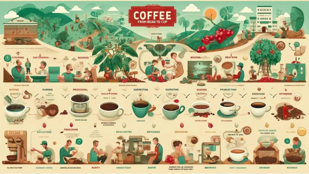 "Coffee: From Bean to Cup", illustrating the entire journey of coffee in a visually engaging manner