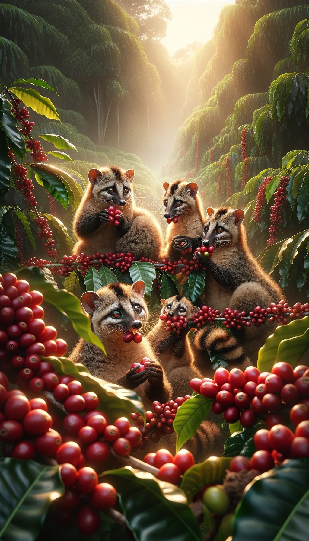 a heartwarming scene of a family of civets enjoying coffee cherries, set against the backdrop of a vibrant coffee plantation.