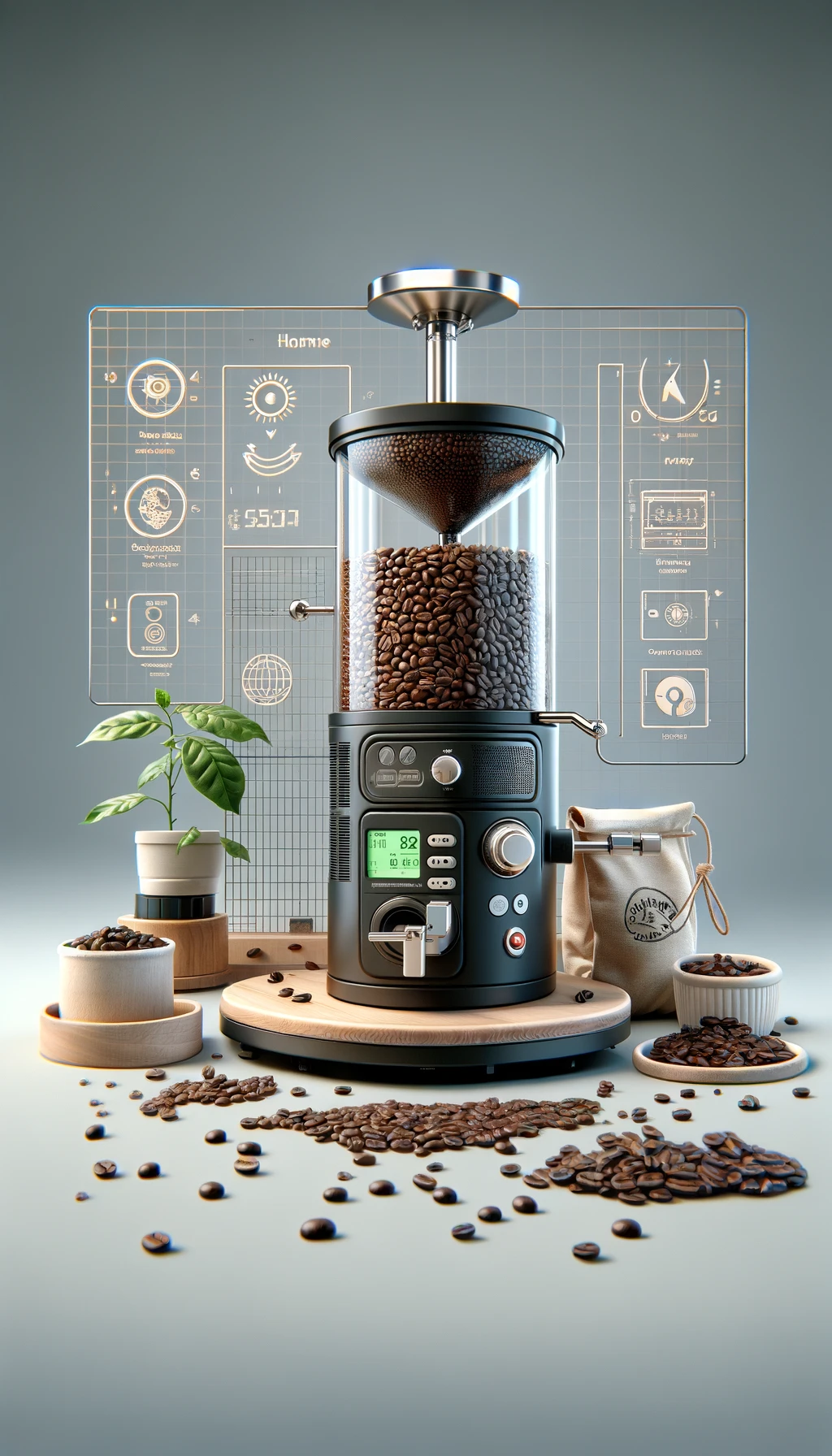 a vertical hot air roasting home machine, designed with an eco-friendly approach for enhancing coffee beans' flavors